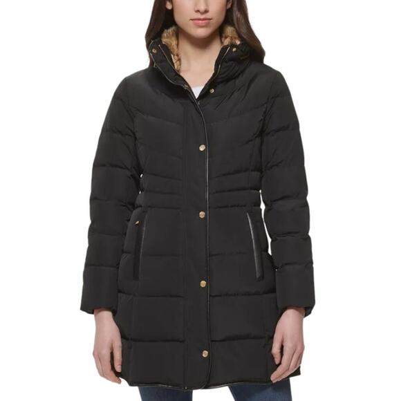 Cole Haan Signature Black Faux Fur Collar Down Puffer Jacket Large NWOT $315 MSP - Picture 1 of 10